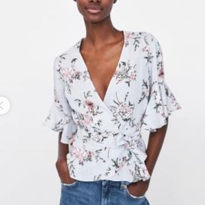 Zara Linen Floral Peplum Wrap Top
